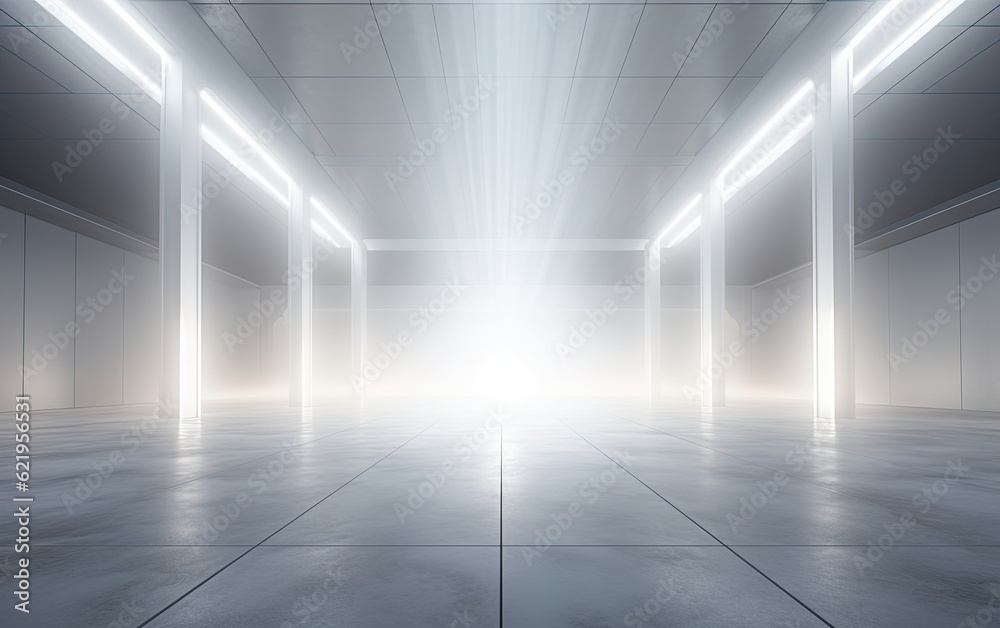 A white 3D space with a light shining above it.
