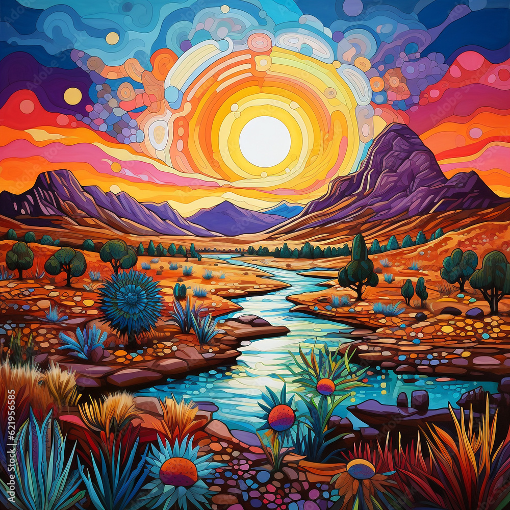 A mandala Arizona landscape in bright colors wallpaper. Generative Ai content	
