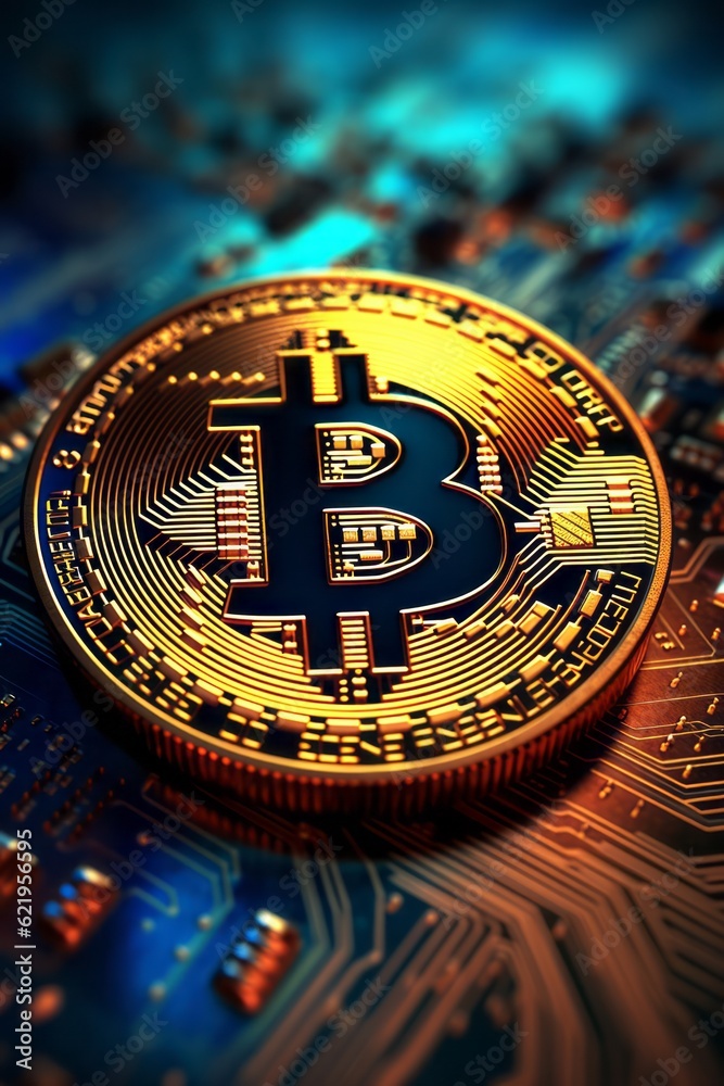 Moneda bitcoin en ambiente tecnológico. Mercado financiero criptomoneda. Economía mundial.