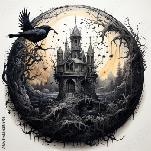 A black pen drawing castle with crow art background. photo