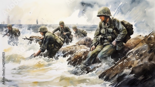 Tableau sur toile World war II battle scene illustration. AI Generative Art.