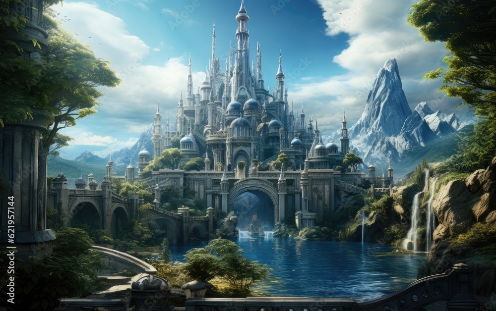 An imposing and highly ornamented fantasy castle.
