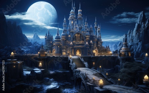 An imposing and highly ornamented fantasy castle.