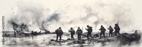 Obraz na plátně World war II battle scene illustration. AI Generative Art.