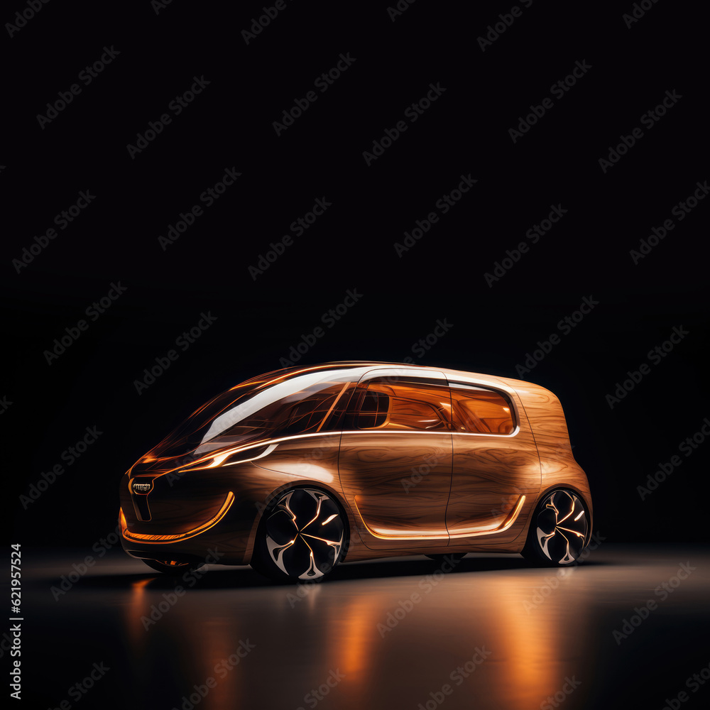 Ecological futuristic electric car concept made of recyclable and renewable wooden veneer, copy space on black studio background