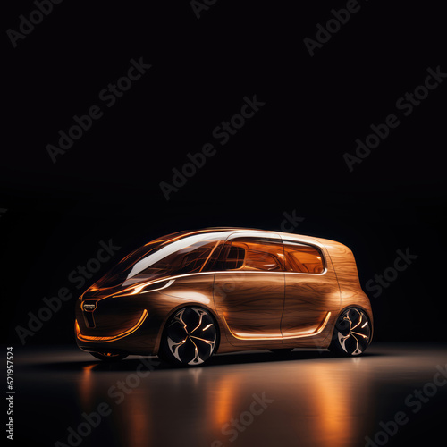 Ecological futuristic electric car concept made of recyclable and renewable wooden veneer  copy space on black studio background