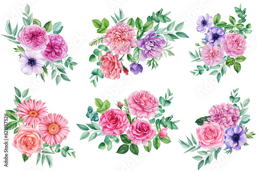 Fototapeta Naklejka Na Ścianę i Meble -  Set of flowers isolated on white background. Hand-drawn in watercolor, Summer bouquet of delicate flowers