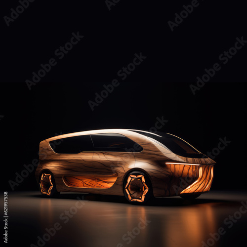 Ecological futuristic electric minivan concept made of recyclable and renewable wooden veneer, copy space on black studio background
