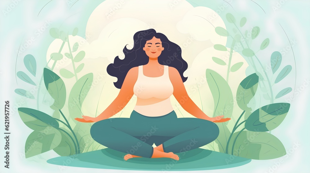 A beautiful plus size woman practices meditation and yoga, exemplifying the embodiment of body positivity and the importance of mental wellness for a holistic sense of well-being. Generative AI