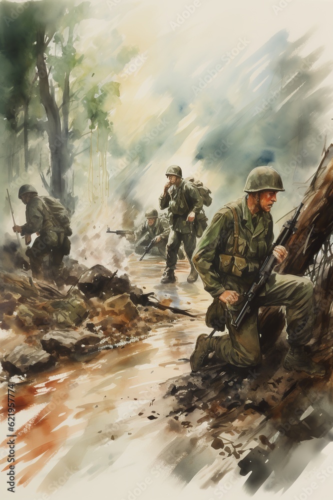 Fototapeta premium World war II battle scene illustration. AI Generative Art.