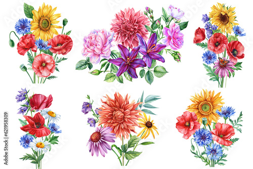 Wildflowers set isolated on white background. Flowers watercolor floral illustrations for invitation, card, design.