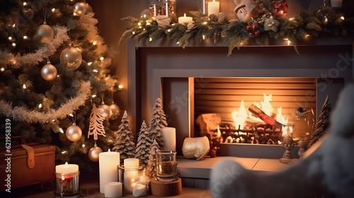 warm and cozy home interior with Christmas decorations, such as a fireplace, stockings and a Christmas tree © Salsabila Ariadina