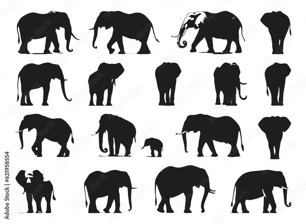 Elephant silhouettes in various poses Elephant silhouettes in various poses
