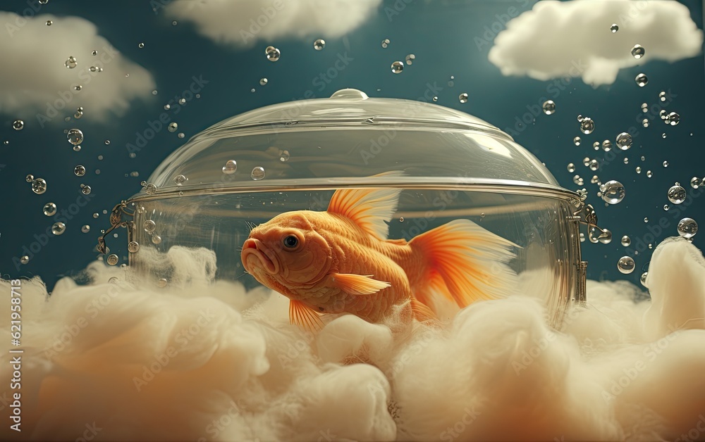 A gold fish with human swimming in a bathtub filled with clouds. - obrazy, fototapety, plakaty 