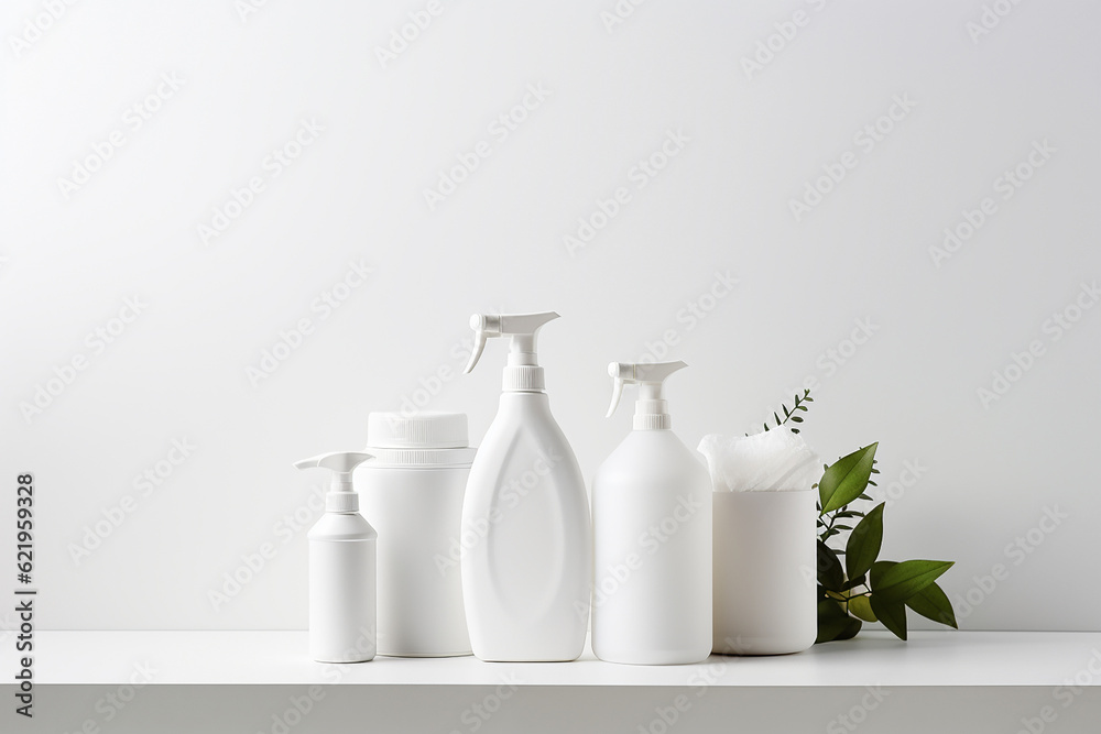 White bathroom products with greenery on white background. Blank label for branding mockup and product presentation. Natural cosmetic skincare beauty and body care product concept. White bathroom products with greenery on white background. Blank label for branding mockup and product presentation. Natural cosmetic skincare beauty and body care product concept.