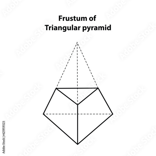 Frustum of Triangular Pyramid geometric shapes. Vector illustration of isolated on white.  icon, print, geometry design. Oblique Truncated Triangular clipart. outline drawing.