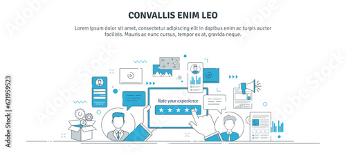 Vector illustration of customer support, positive client feedback, helpdesk service, customer relationship management, satisfaction guarantee. Thin line icons design.