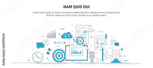 Vector illustration of analysis stock market data and planning investment strategy, financial graphs, charts and diagrams. Marketing data analysis, business strategy and goals. Thin line icons design.