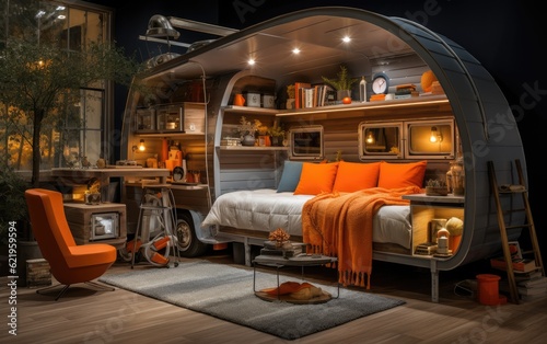 A boy bedroom with an airstream bed and camping theme.