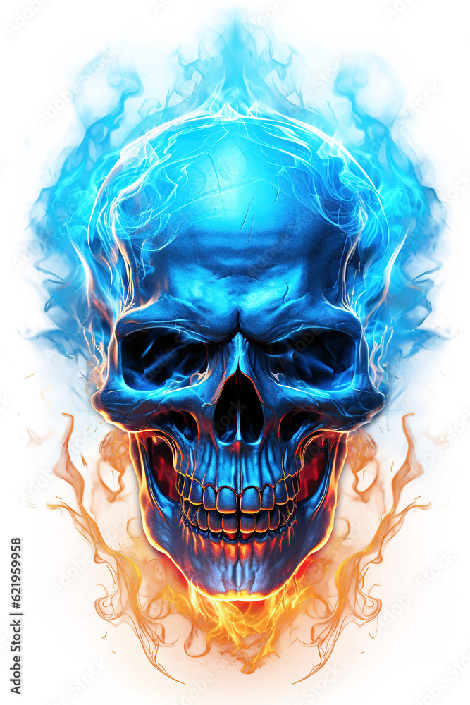 Fototapeta premium Bright Blue Flame Skull Fire Clipart PNG Sublimation isolated on Transparent Background.