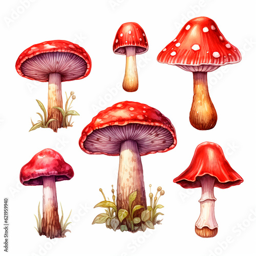mushrooms set watercolor on a white background created with Generative Ai