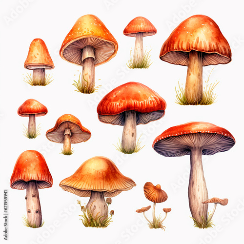 mushrooms set watercolor on a white background created with Generative Ai