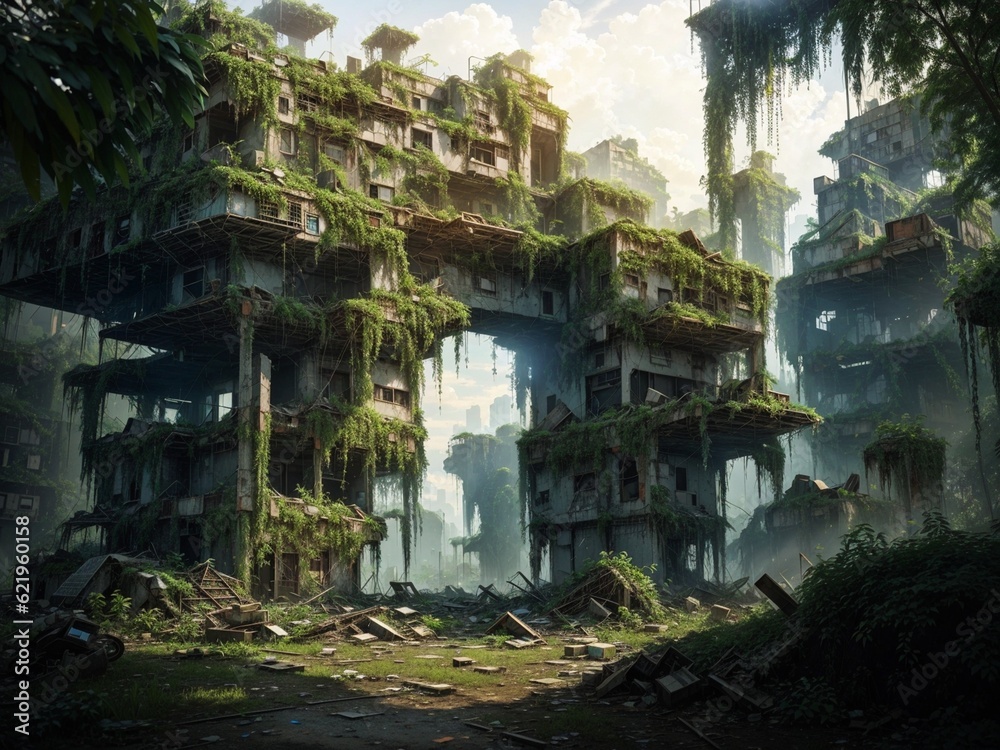 Post-apocalyptic world overrun by nature, where ruins are entwined with lush vegetation - AI Generated