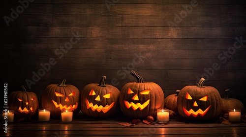 Halloween day, Scary halloween pumpkin on wooden planks with empty space. Generative Ai