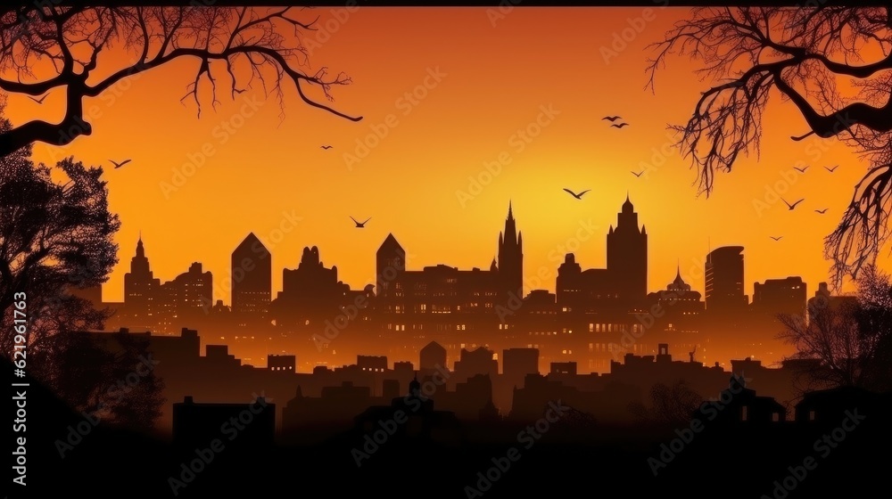 Silhouette of City panorama in halloween style. Scary halloween isolated background. halloween scene horror, Orange and yellow background. Generative Ai