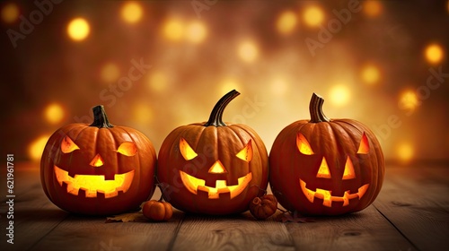 Halloween, Three halloween Jack O' Lantern pumpkins with copy space. Generative Ai © tong2530
