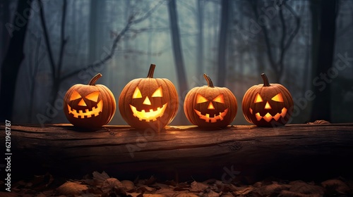 Halloween pumpkins on wood in a spooky forest at night with empty space. Scary halloween. Generative Ai