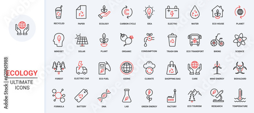 Ecology, green recycle technology, environment trendy red black thin line icons set vector illustration. Eco house, tourism, electric car and bio fuel, climate change, eco consumption, care of nature