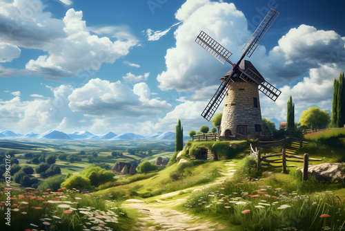 Old windmill located in a beautiful magical meadow landscape on a spectacular day. Colorful and lively landscape