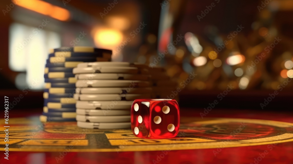 Dice with cards and chips on the desk in the casino Dice with cards and chips on the desk in the casino