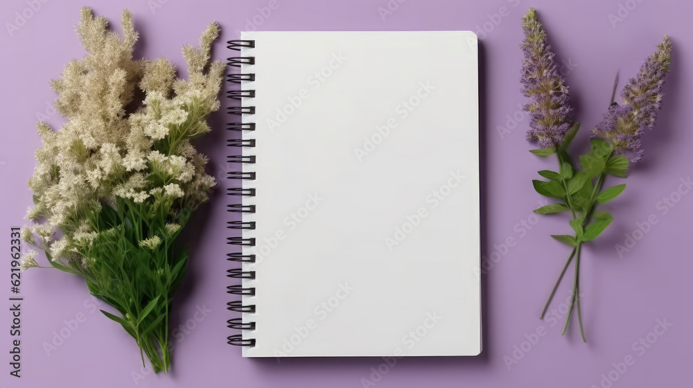 Top view of white blank notebook and flowers on the desk Top view of white blank notebook and flowers on the desk