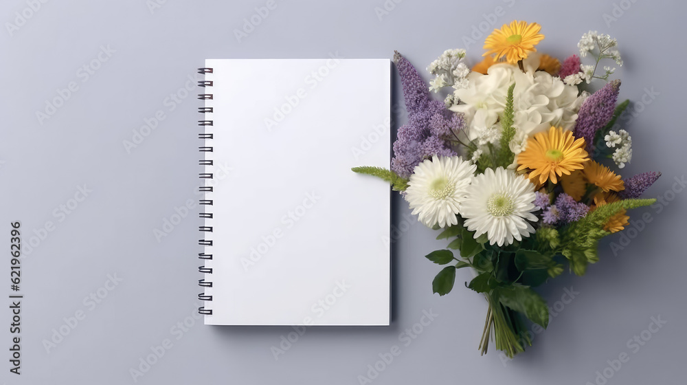 Top view of white blank notebook and flowers on the desk