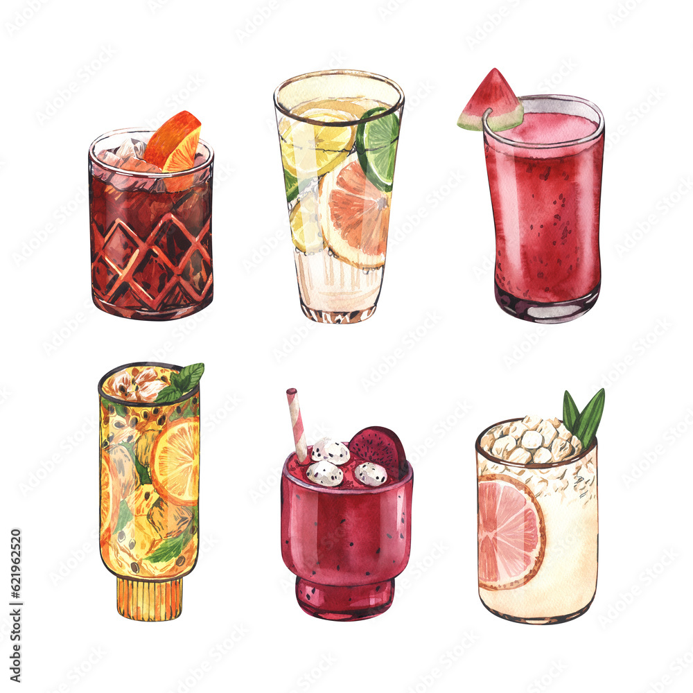 Fototapeta premium Watercolor set drink glasses: negroni, watermelon, dragon and maracuya cocktail. Hand-drawn illustration isolated on white background.Perfect for recipe lists with alcoholic drinks, for cafe