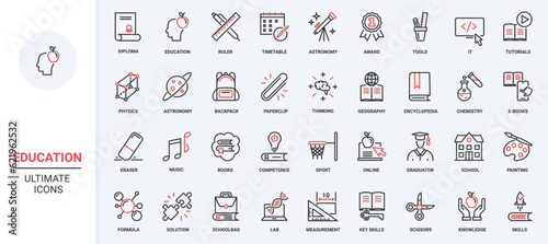 School and university technology stationery student to study, knowledge from books, encyclopedia ebook, science sport symbols. Education trendy red black thin line icons set vector illustration.