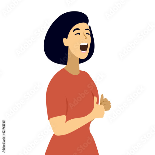 Young beautiful woman is chanting with her fists clenched. Sings or screams. Thumbs up. The concept of support, the right to vote. Modern cartoon flat style vector illustration isolated on white.