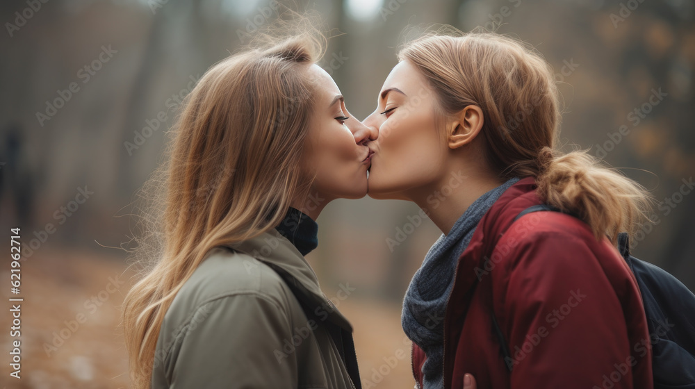 Fototapeta premium Lesbian Couple Kissing Generative Ai