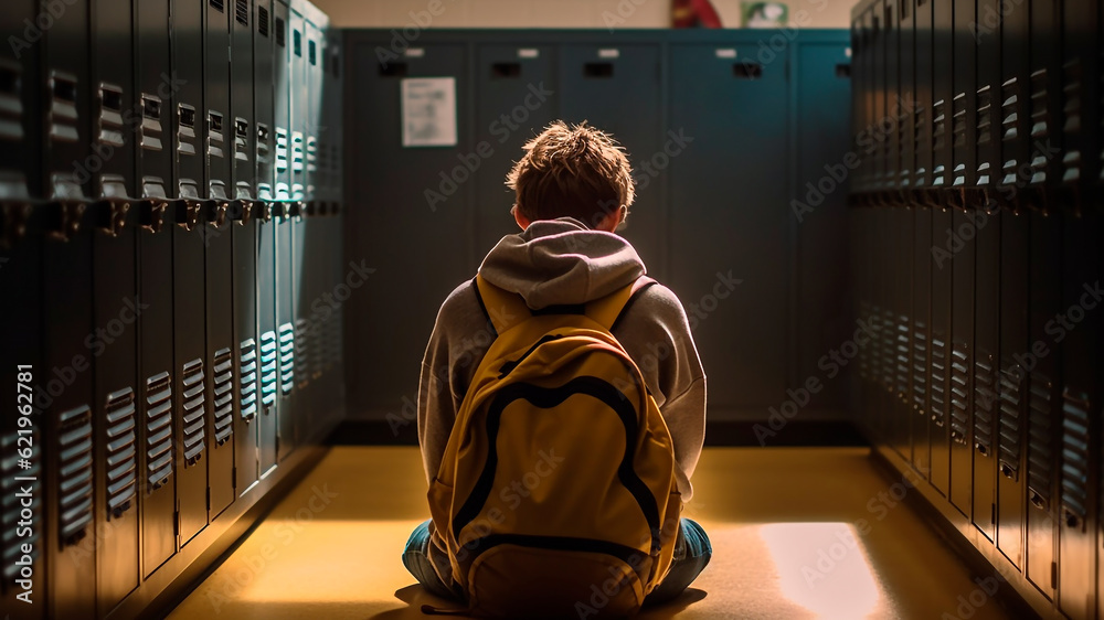 © REC Stock Footage - Student discrimination sitting by locker against school corridor. Generative AI © REC Stock Footage - Student discrimination sitting by locker against school corridor. Generative AI