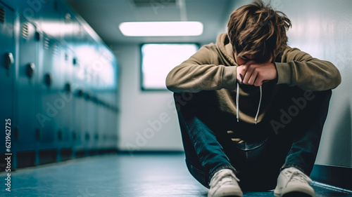 Student discrimination sitting by locker against school corridor. Generative AI
