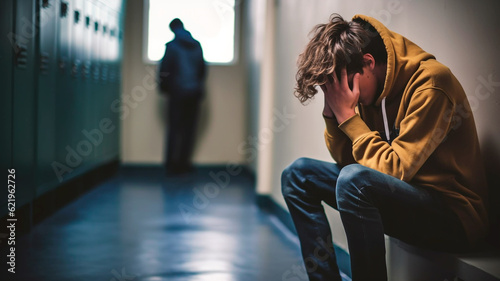 Teenage boy bullying sitting by locker against school corridor. Generative AI photo