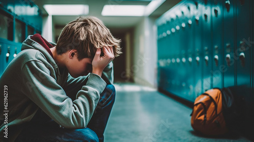 Upset boy sitting at school corridor and crying after bullying. Generative AI