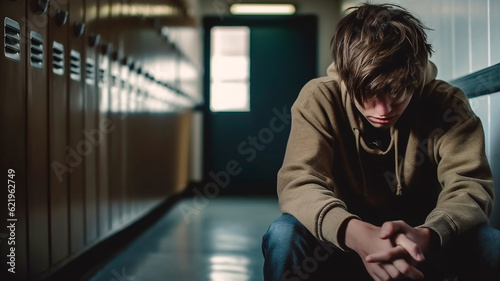 Student discrimination sitting by locker against school corridor. Generative AI