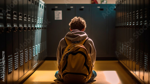 Student discrimination sitting by locker against school corridor. Generative AI