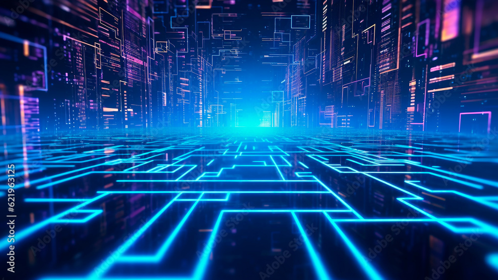 Abstract blue futuristic glowing neon lines, technology room. Generative AI Abstract blue futuristic glowing neon lines, technology room. Generative AI