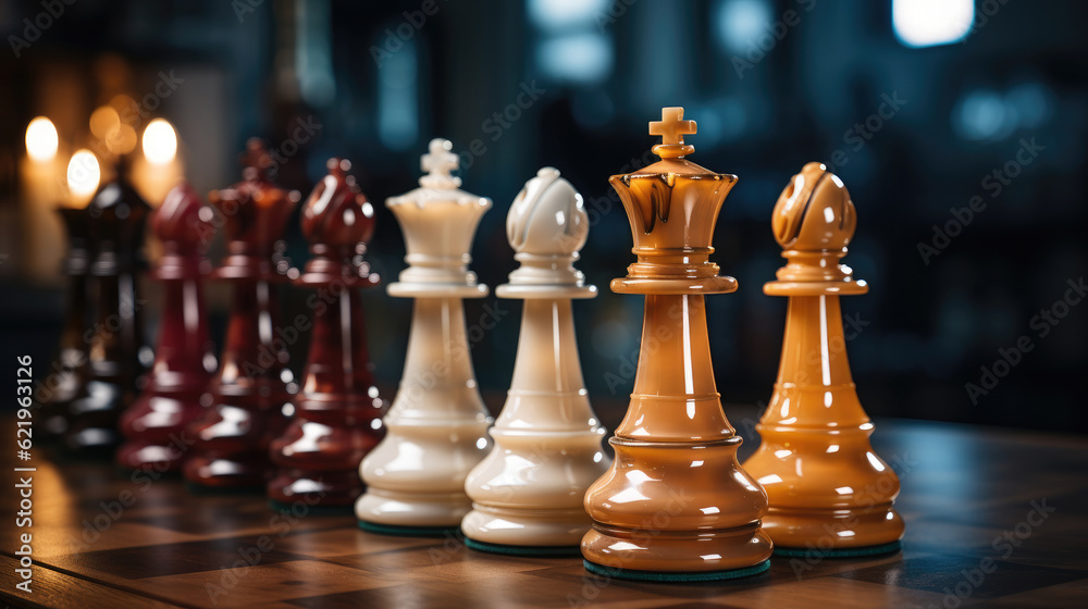 Closeup chess pieces on a chessboard