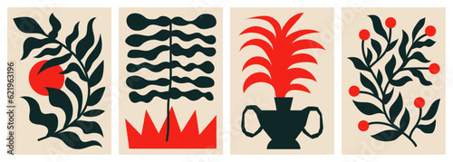 Boho posters designs. Abstract wall art with organic and irregular shapes. Contemporary artworks with creative and floral elements. Interior decorations set. Black and red flat vector illustrations