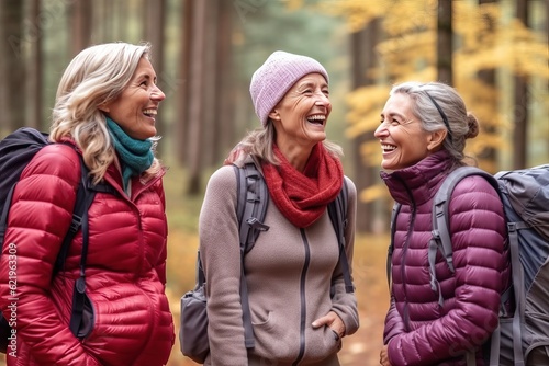A walk in autumn forest with true friends is the best psychological relief after a noisy and stressful office week. Three middle aged women during forest walking.